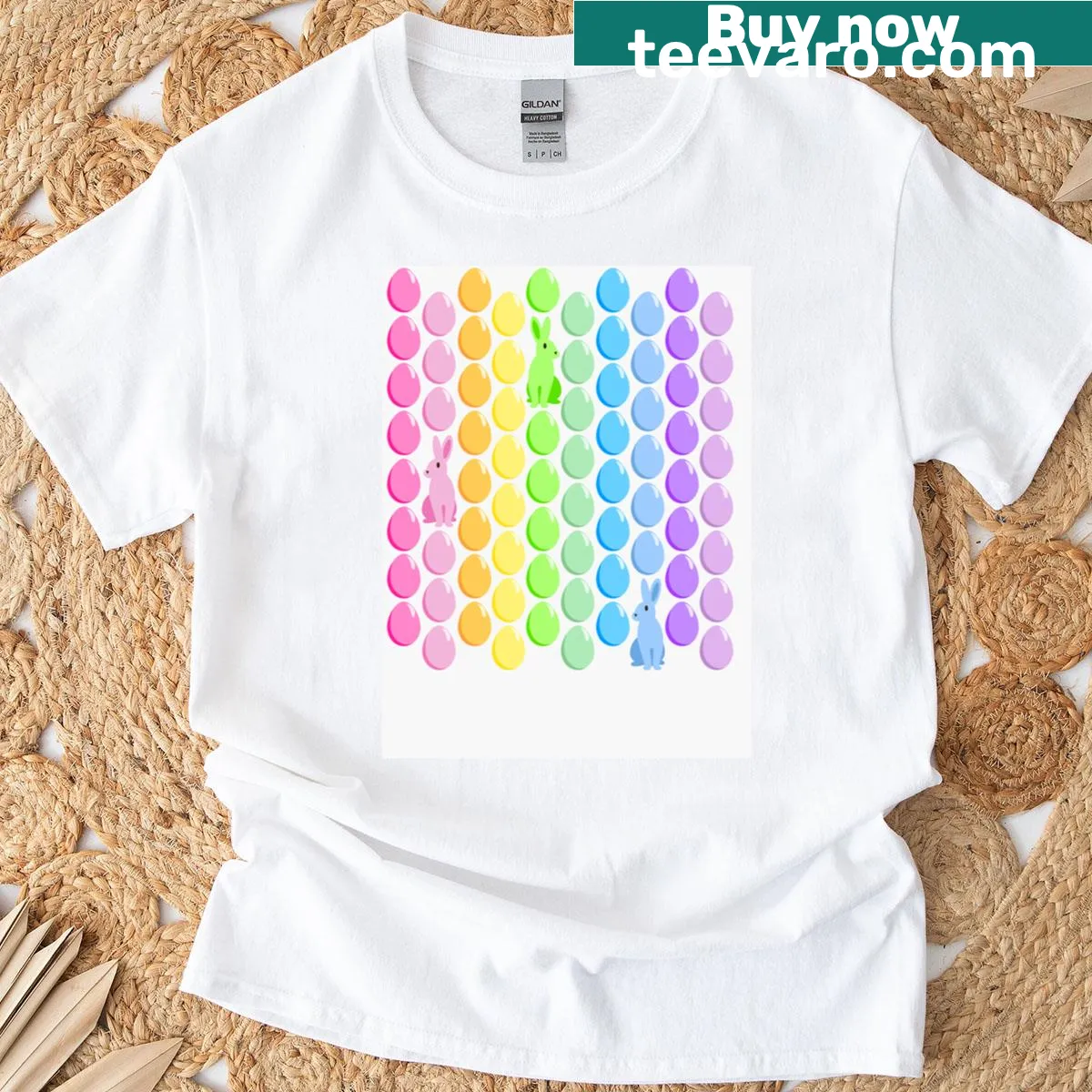 Festive design of rainbow eggs and hidden bunnies on t-shirt — on a men's t-shirt