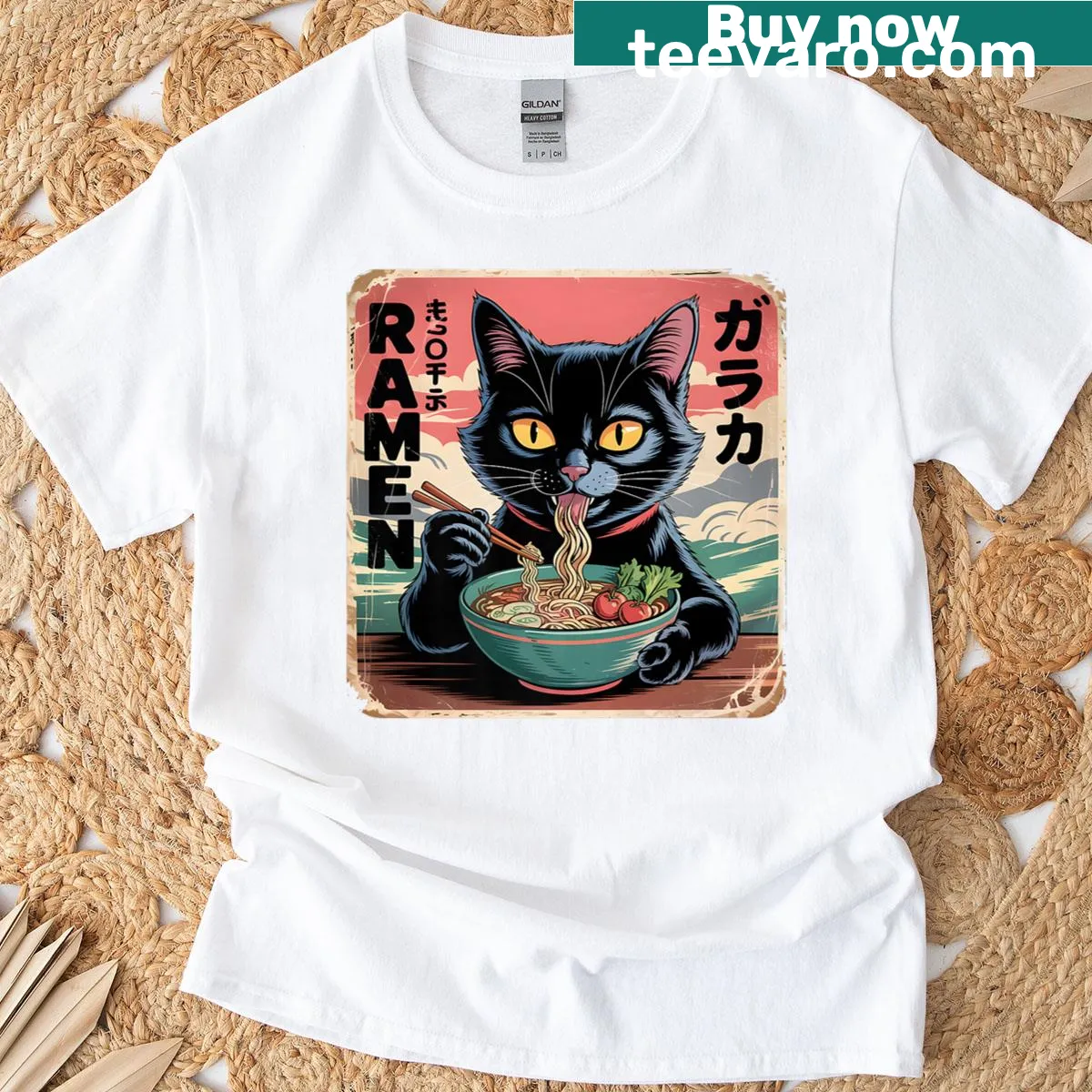 Kawaii cat enjoying ramen graphic on t-shirt — on a men's t-shirt