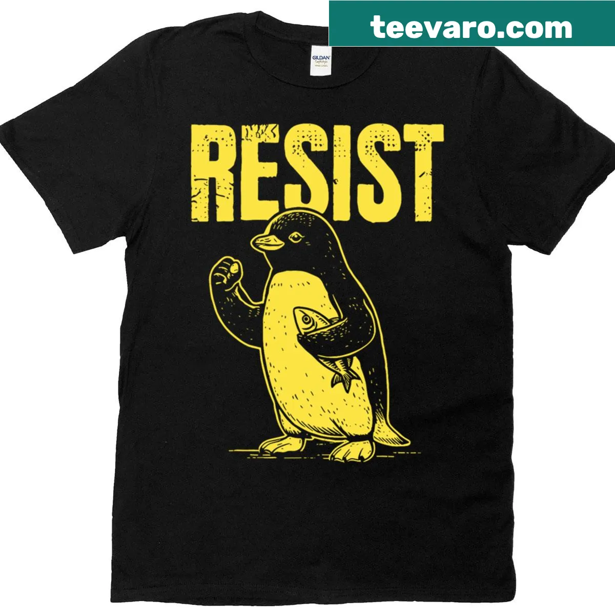 Cartoon penguins protesting on a T-shirt — on a men's t-shirt
