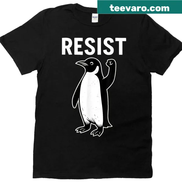 Penguin graphic t-shirt with 'Penguins Resist' text