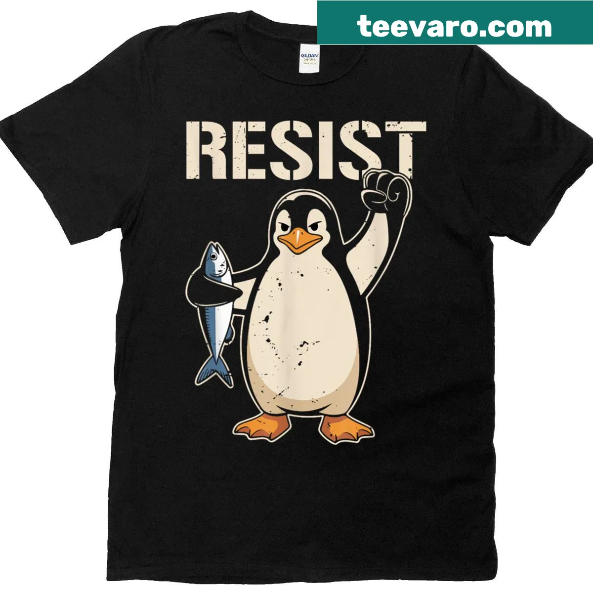 Activism T-shirt with a cartoon penguin and text about resisting — on a men's t-shirt