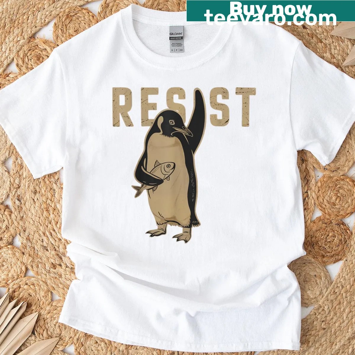 Graphic T-shirt featuring penguins in a humorous protest design — on a men's t-shirt