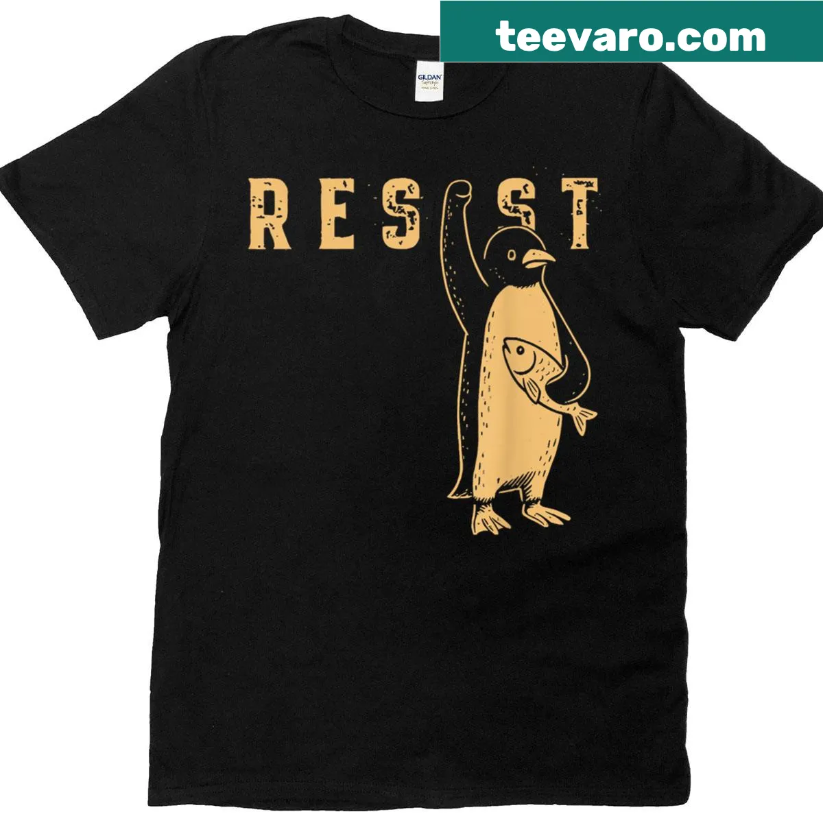 T-shirt with 'Resist' and artistic penguin graphic — on a men's t-shirt