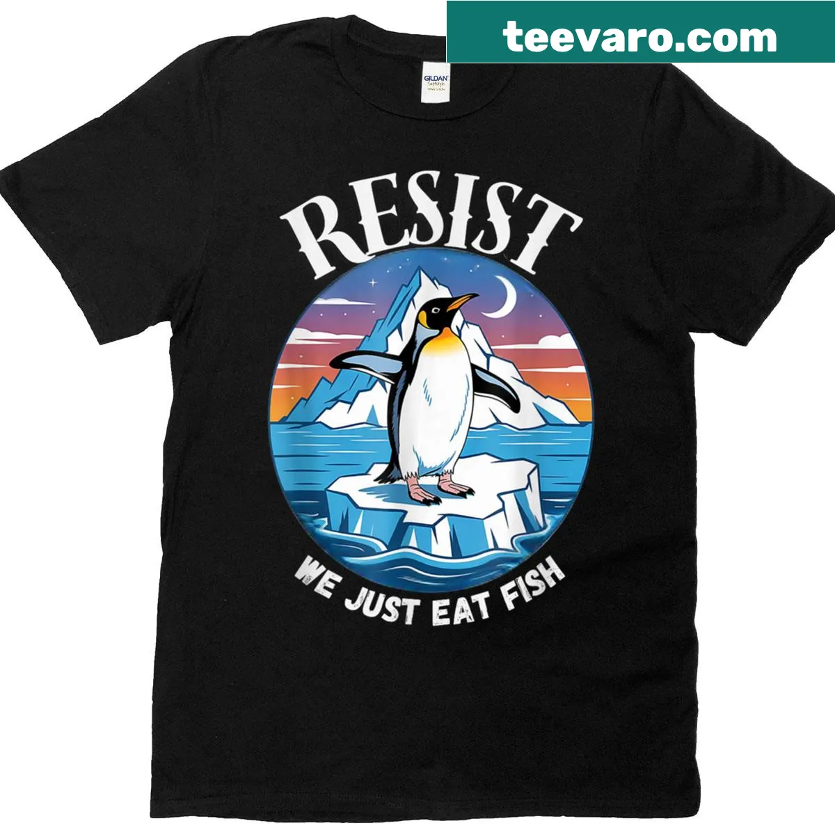 Sarcastic penguin graphic t-shirt with anti-tariff message — on a men's t-shirt