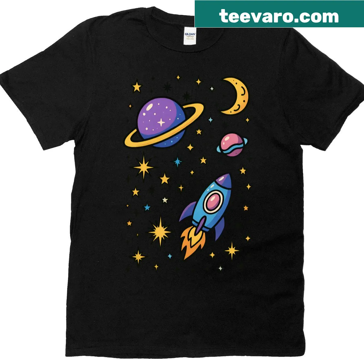 Cartoon space adventure-themed T-shirt with whimsical graphics — on a men's t-shirt