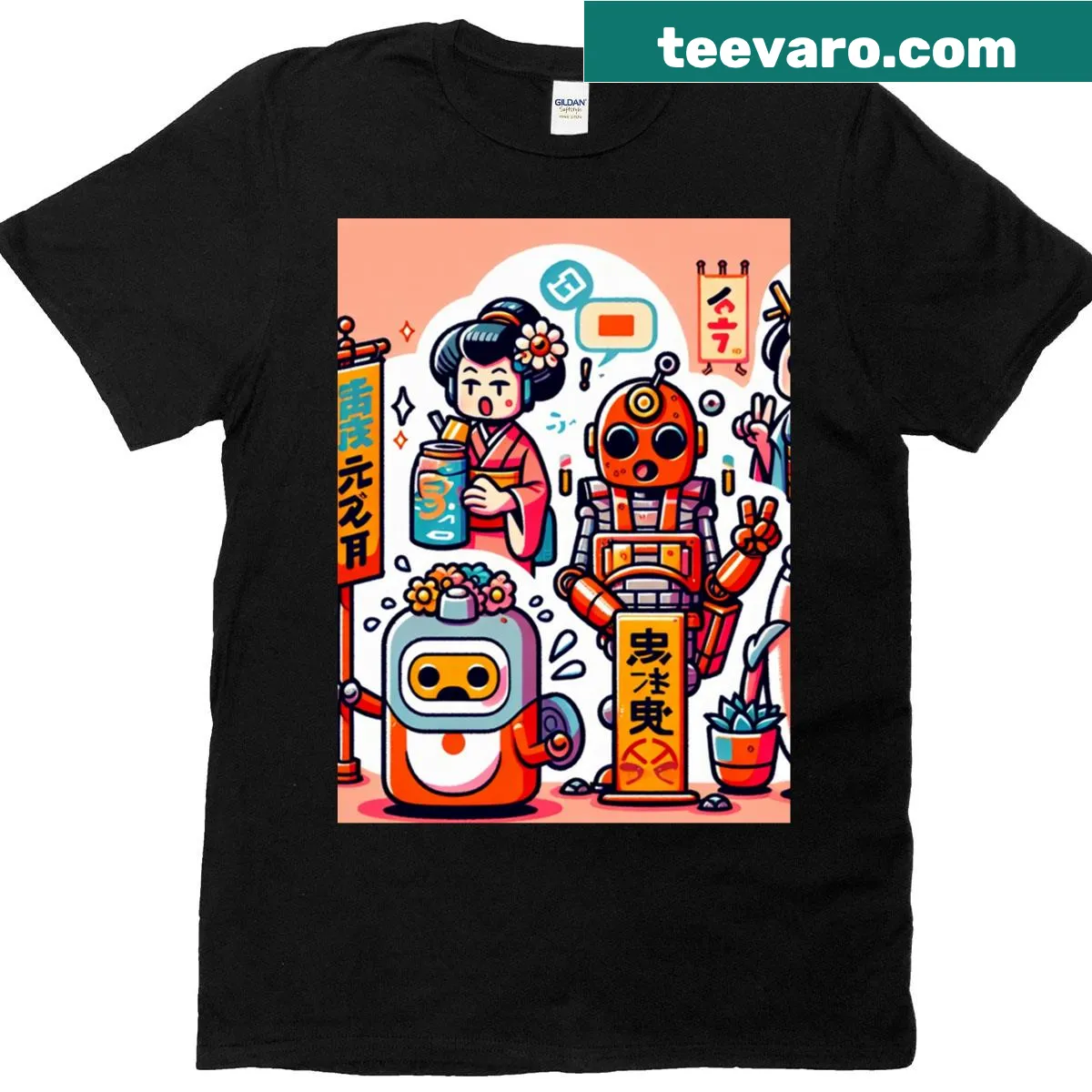 Graphic tee featuring a playful robot with festival elements. — on a men's t-shirt