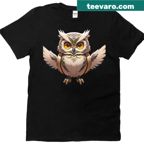 T-shirt featuring a robotic owl design blending nature and technology.