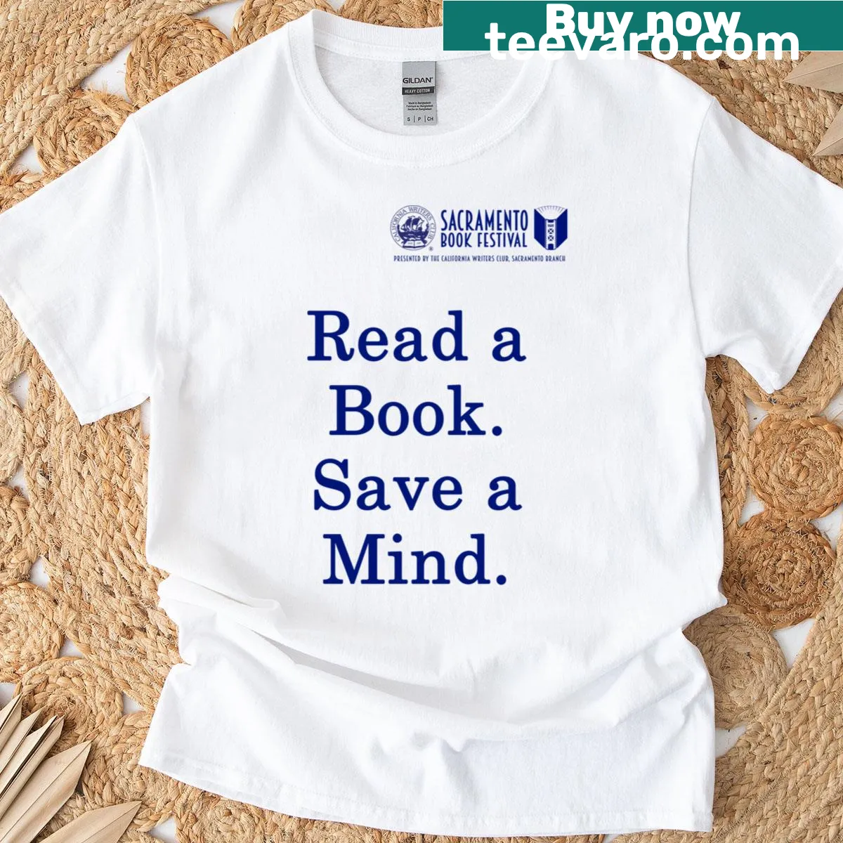 Typographic design saying 'Read A Book Save A Mind' on T-shirt — on a men's t-shirt