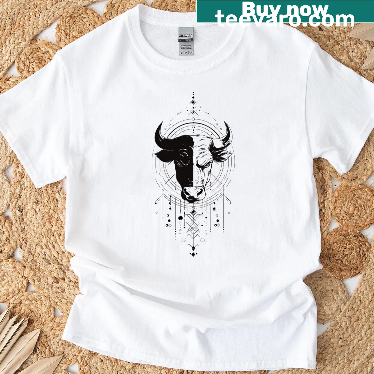 Minimalist geometric yin yang design with a sacred bull on T-shirt — on a men's t-shirt