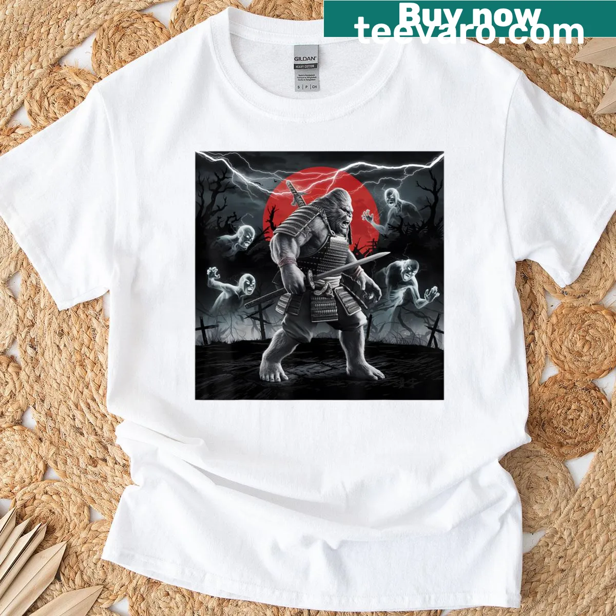 Vintage Ukiyo-e style graphic of Samurai Bigfoot on a T-shirt — on a men's t-shirt