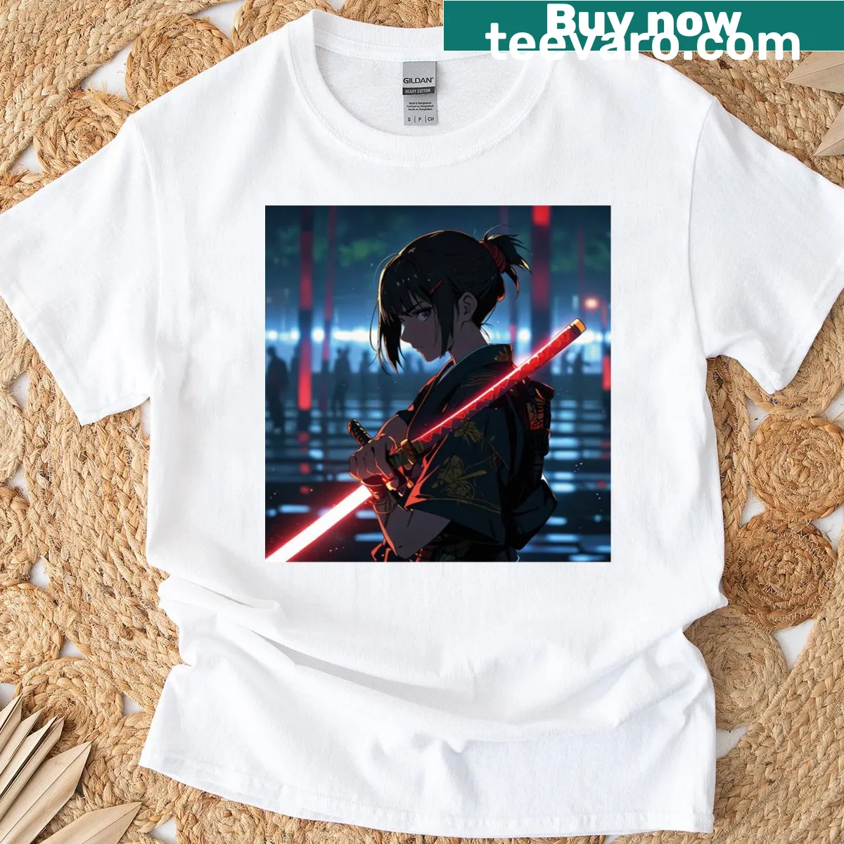 Illustrated samurai girl design on a T-shirt — on a men's t-shirt