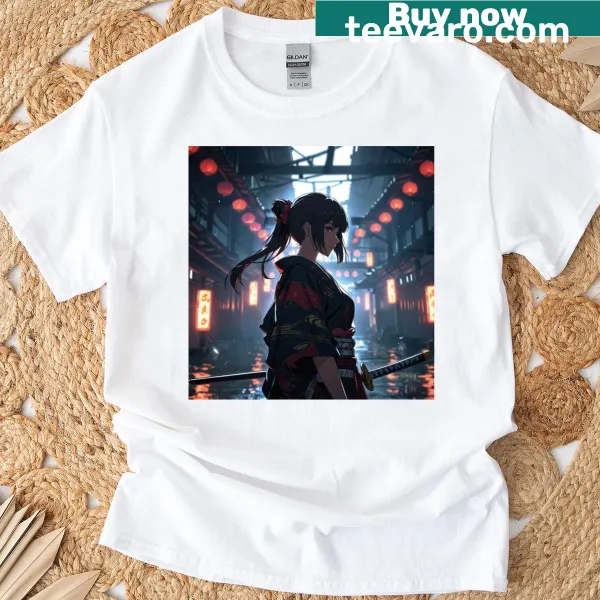 Samurai Warrior Girl graphic with katana on a T-shirt