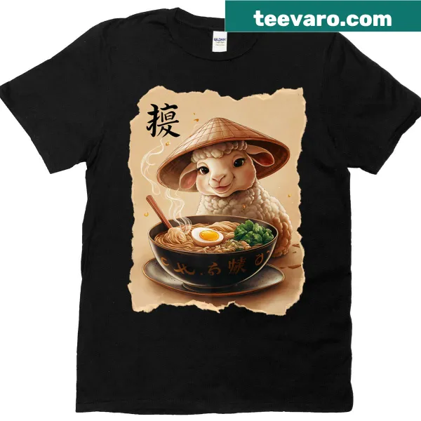 Kawaii T-shirt with sheep eating ramen design