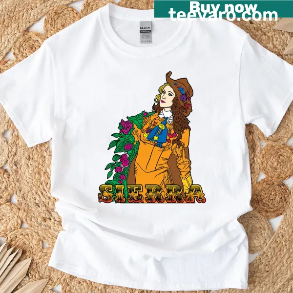 Artistic T-shirt featuring a coloring book illustration of Sierra Ferrell.