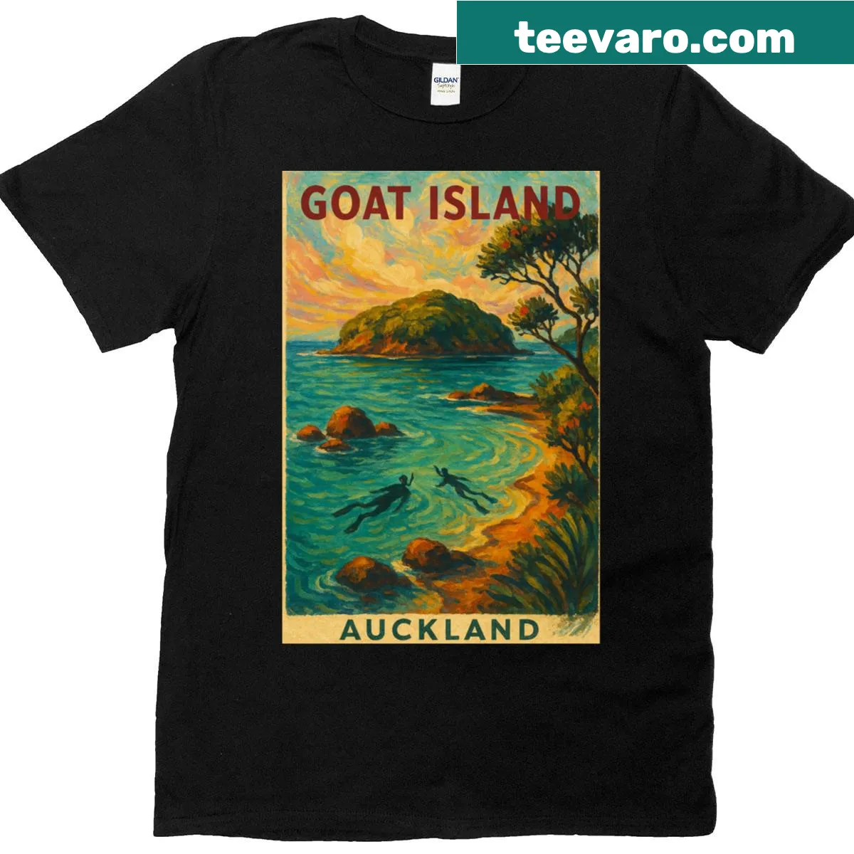 Snorkeling graphic T-shirt depicting Goat Island Marine Reserve — on a men's t-shirt