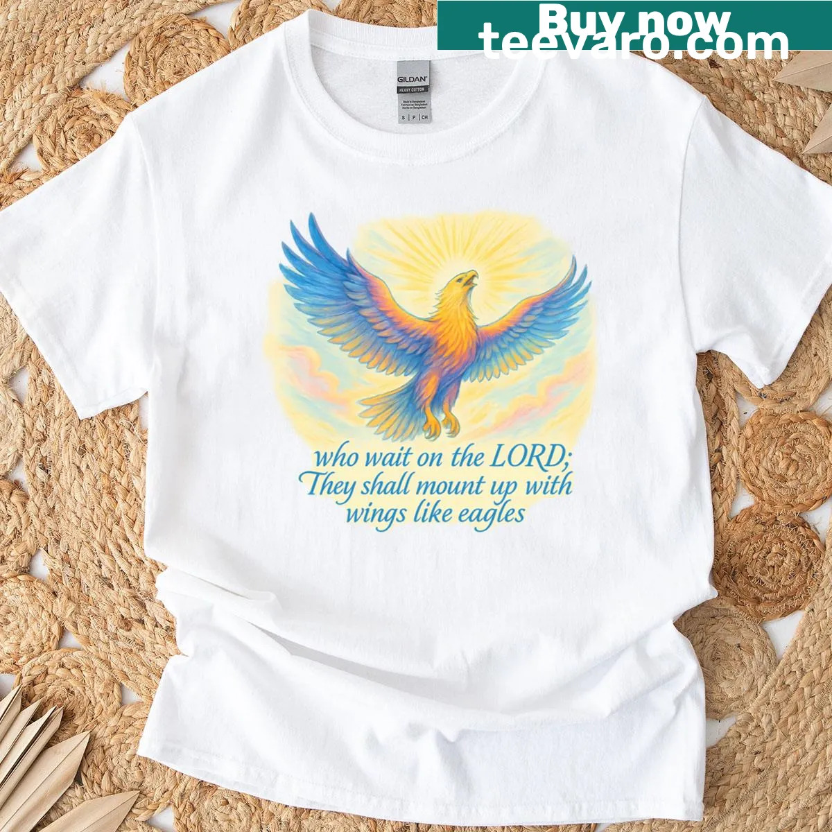 Inspirational emblem t-shirt with Soar Like Eagles message — on a men's t-shirt