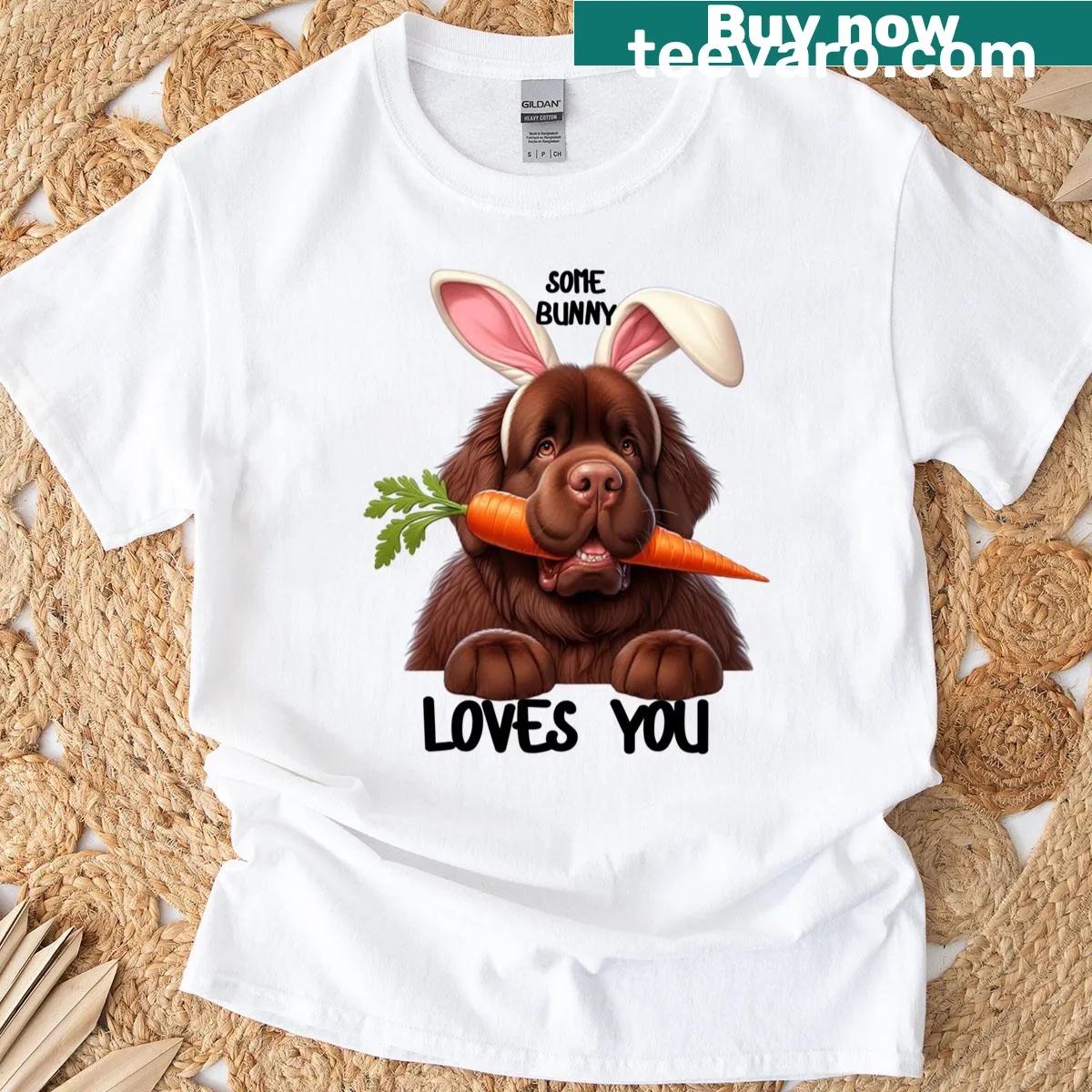 Cute illustration of a Newfoundland dog with bunny ears for Easter — on a men's t-shirt