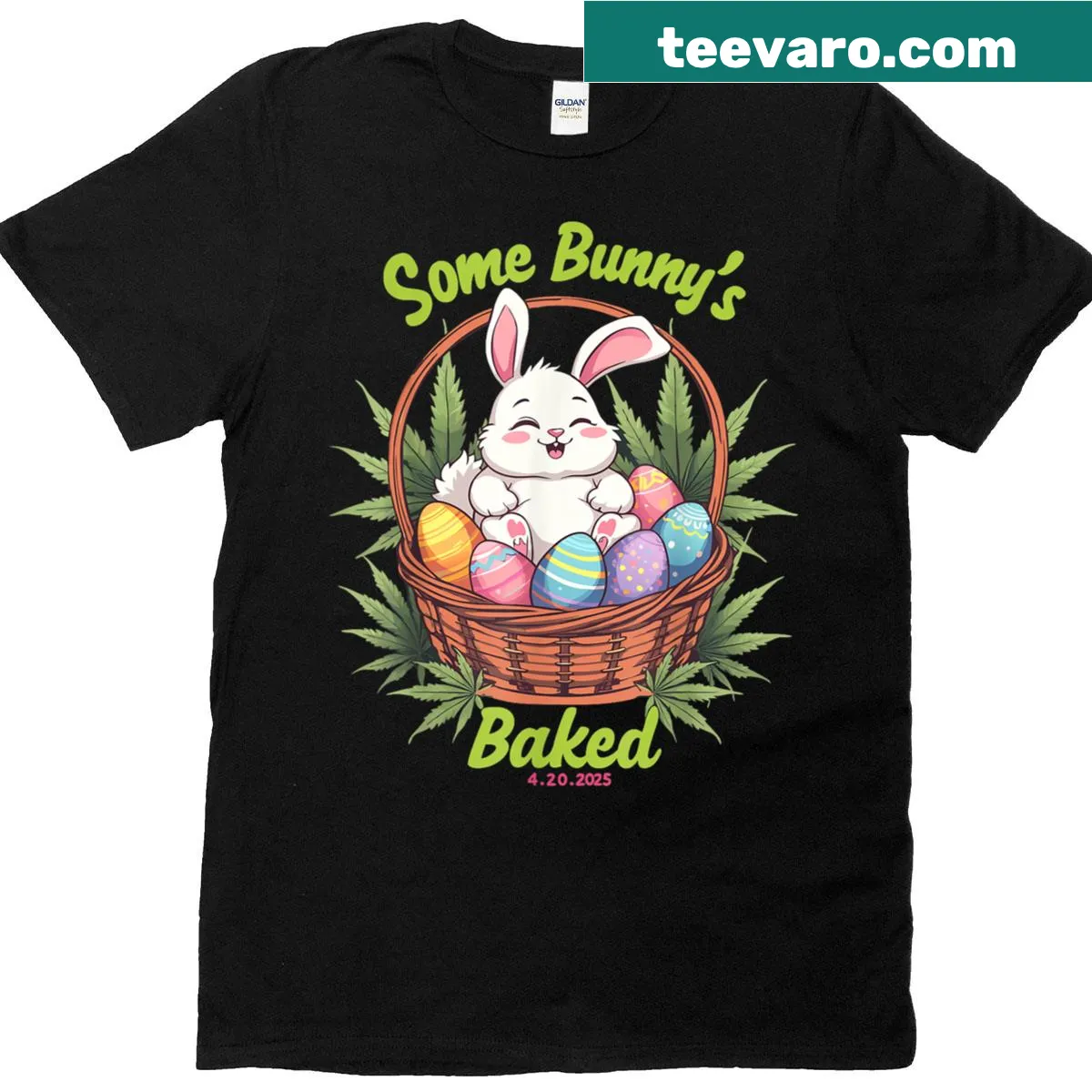 Funny Easter T-shirt with cartoon bunnies and cannabis humor — on a men's t-shirt