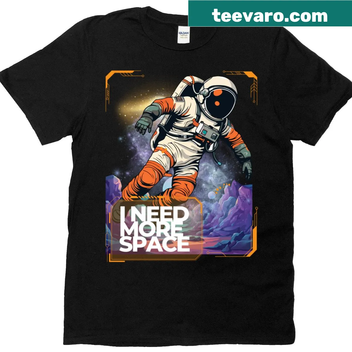 Retro space-themed T-shirt with stars and planets design — on a men's t-shirt