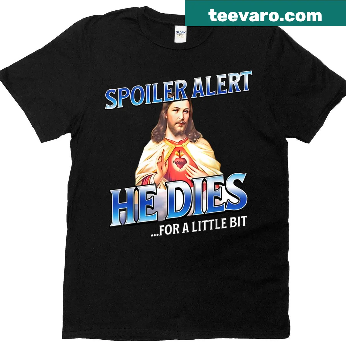 Humorous Easter t-shirt with the slogan: Spoiler Alert He Dies For A Little Bit — on a men's t-shirt