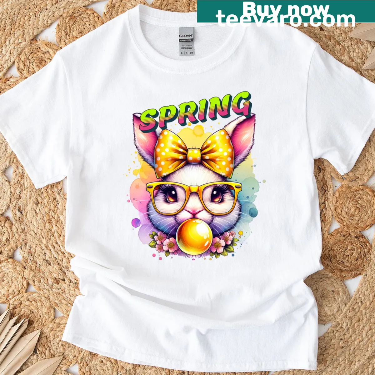 Cute watercolor bunny design with bubblegum and yellow glasses for kids — on a men's t-shirt