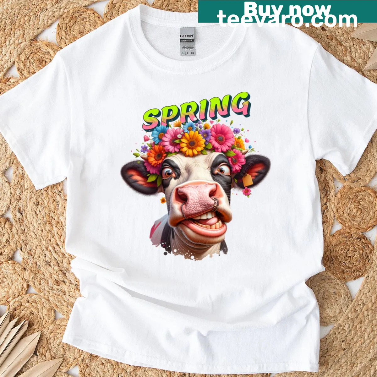Funny cartoon cow design celebrating spring and flowers — on a men's t-shirt