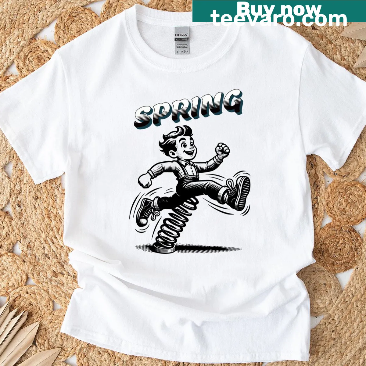 Retro black and white T-shirt of a man mid-stride in spring. — on a men's t-shirt