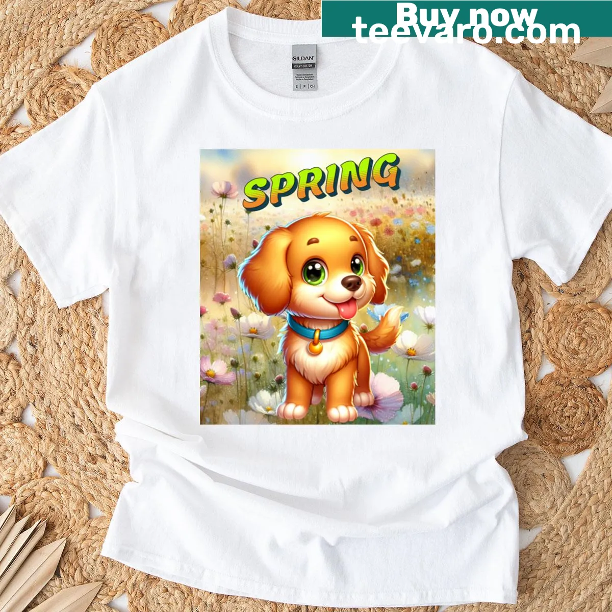 Happy puppy in a field of flowers illustration on a T-shirt — on a men's t-shirt