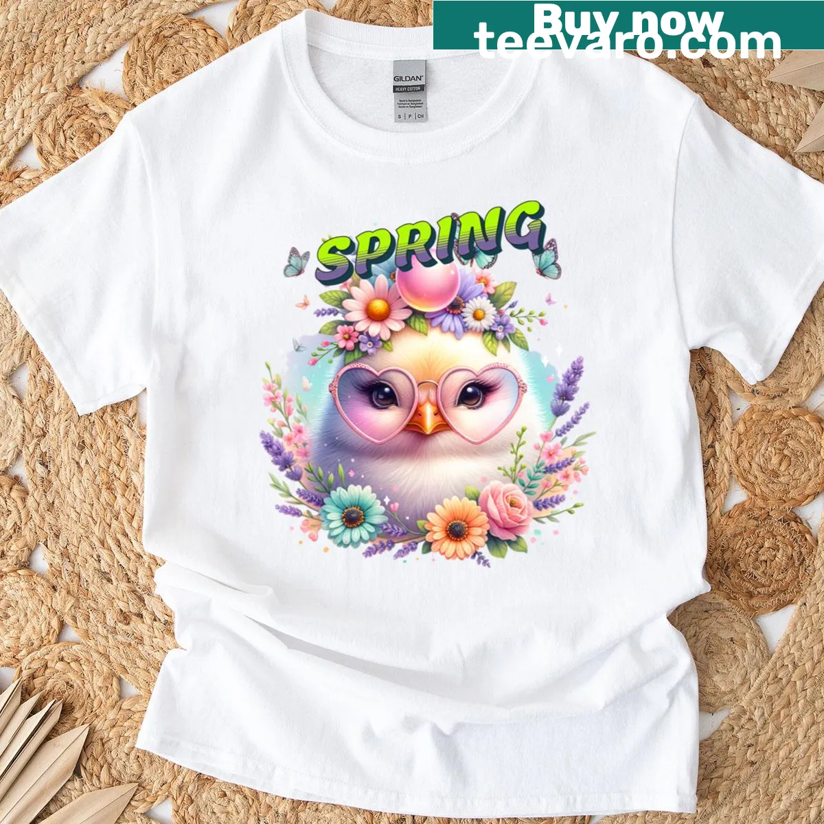 Cute illustration of a chick with heart glasses and flowers — on a men's t-shirt