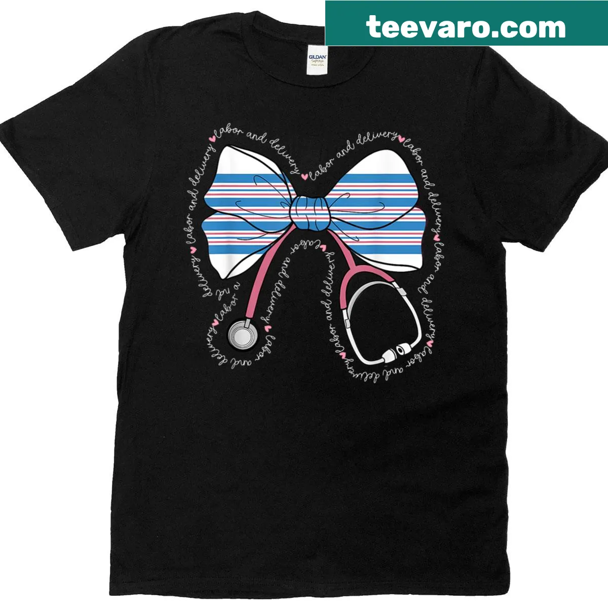 Nurse-themed T-shirt featuring a stethoscope and coquette bow design. — on a men's t-shirt