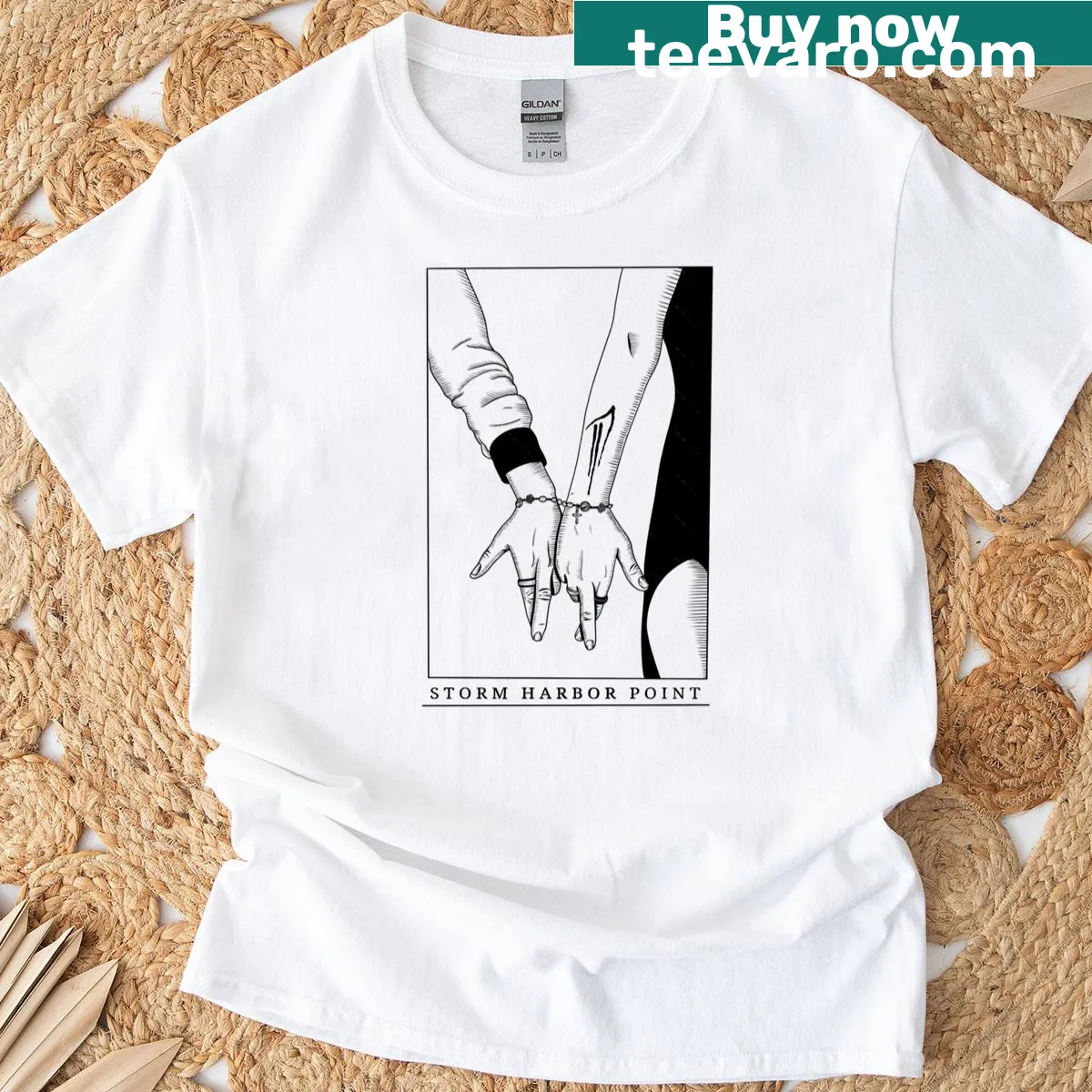 Artistic coastal design of Storm Harbor Point on a T-shirt — on a men's t-shirt