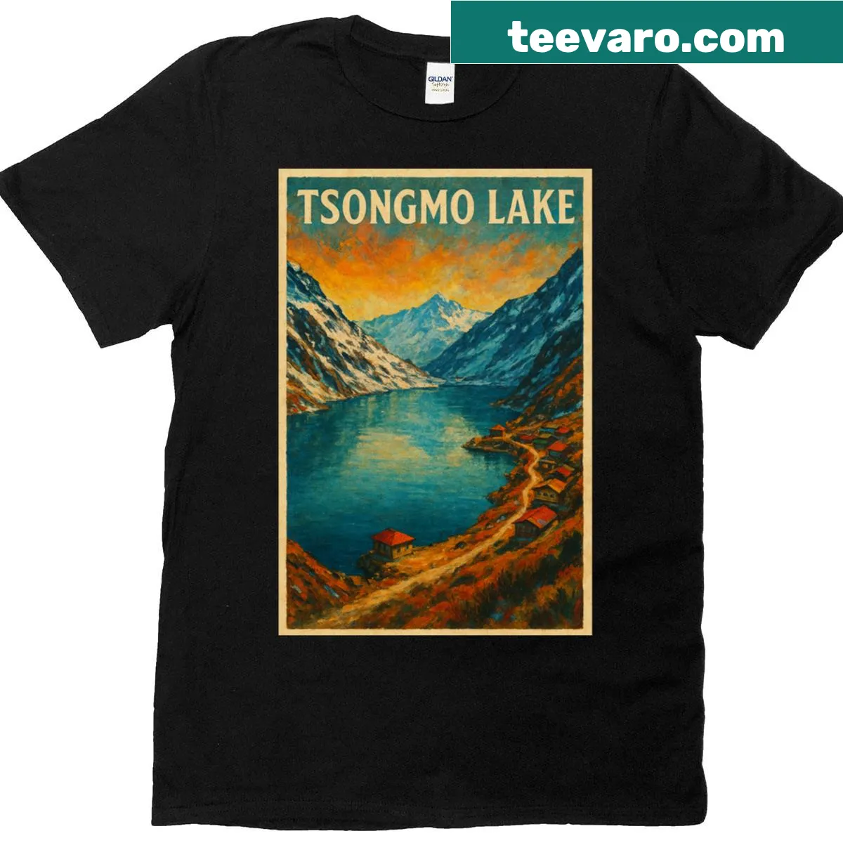 Landscape T-shirt featuring sunset over Tsongmo Lake and mountains — on a men's t-shirt