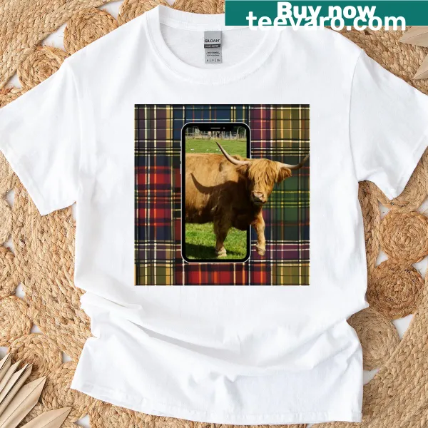 Highland cow design combining tartan patterns and technology