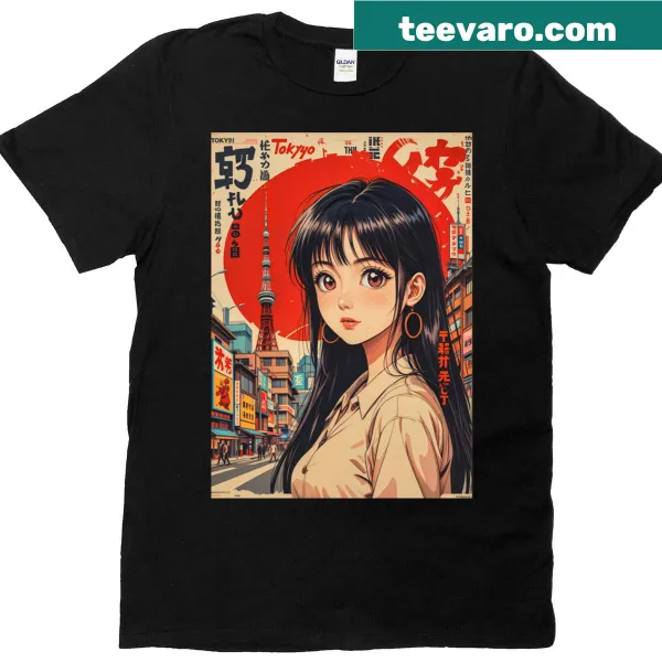 Illustration of a girl beneath a tower on a t-shirt