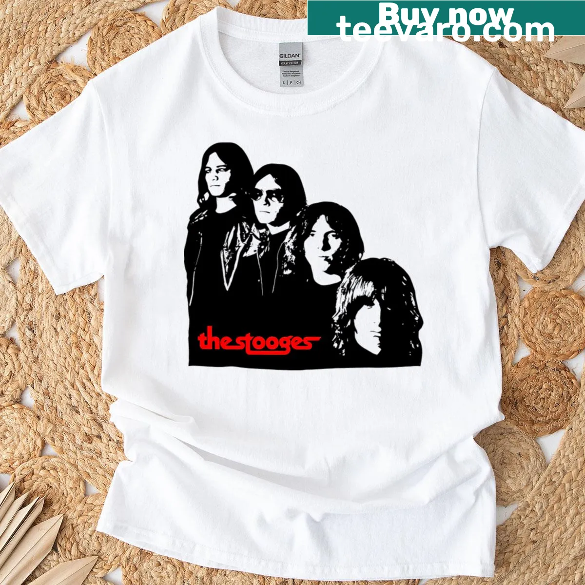 Distressed T-shirt featuring The Stooges graphic — on a men's t-shirt