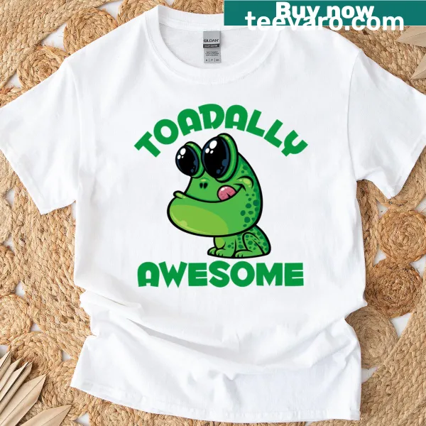 Cute cartoon design on Toadally Awesome T-shirt with a happy toad