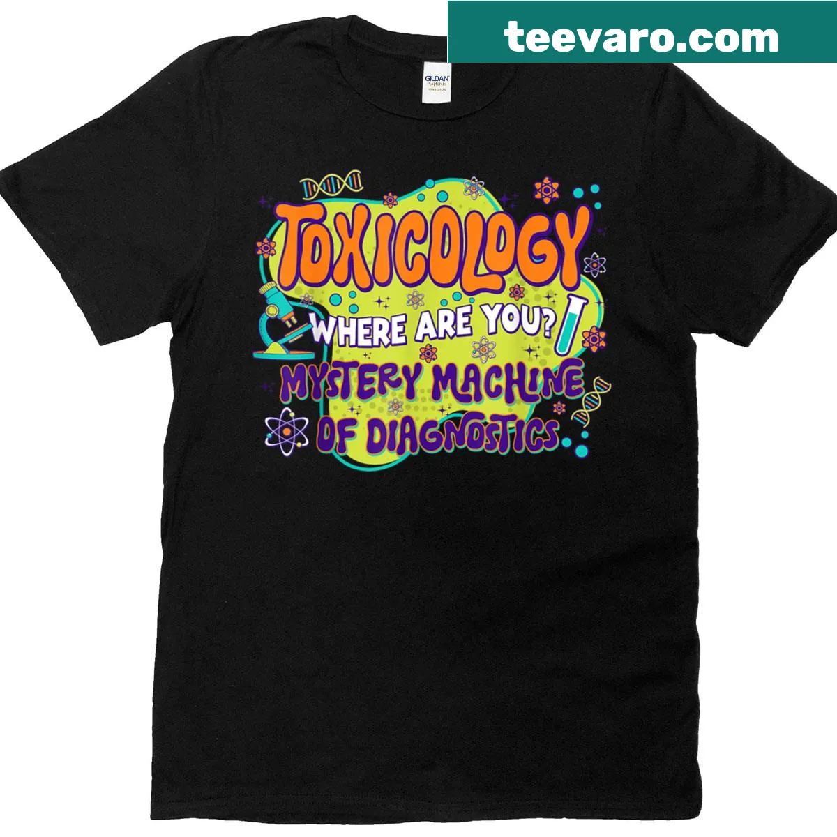T-shirt with a bold graphic of a diagnostics-themed Mystery Machine — on a men's t-shirt