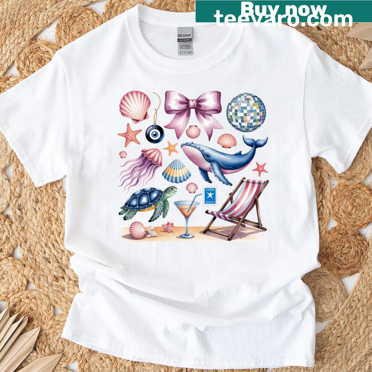 Illustrated t-shirt featuring tropical vacation theme — on a men's t-shirt
