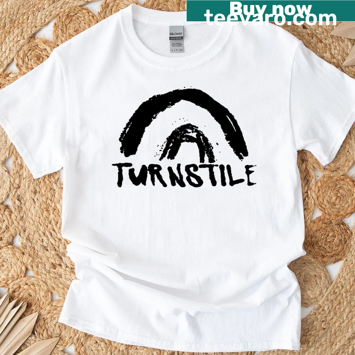 T-shirt featuring bold typography for Turnstile band — on a men's t-shirt