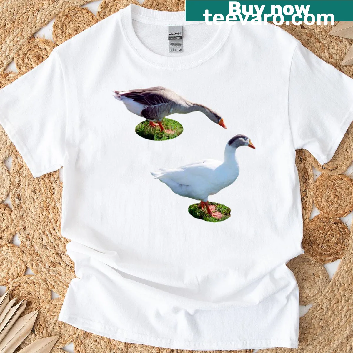 Minimalist illustration of two geese on T-shirt — on a men's t-shirt