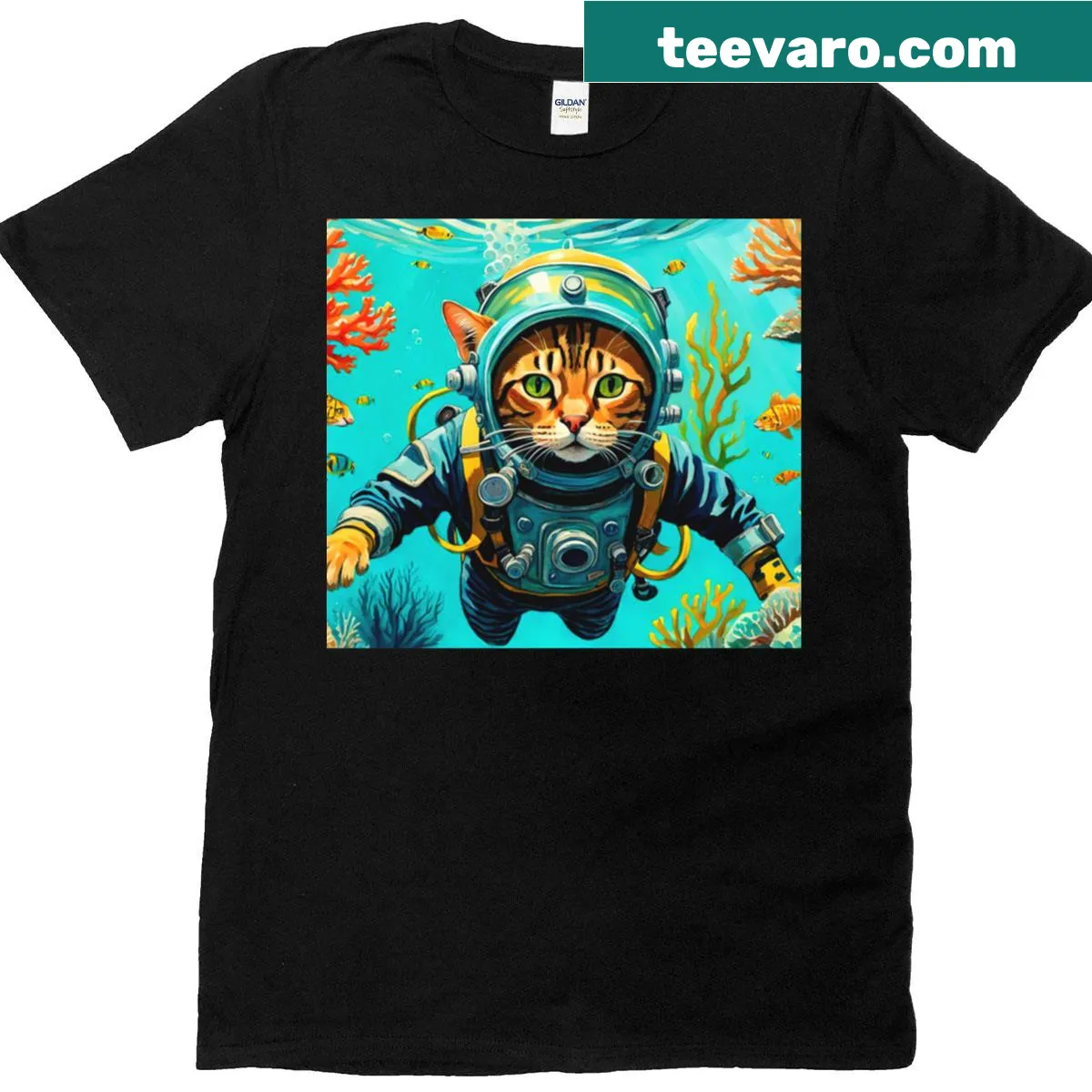 Cute Bengal cat graphic surrounded by sea creatures on a T-shirt — on a men's t-shirt