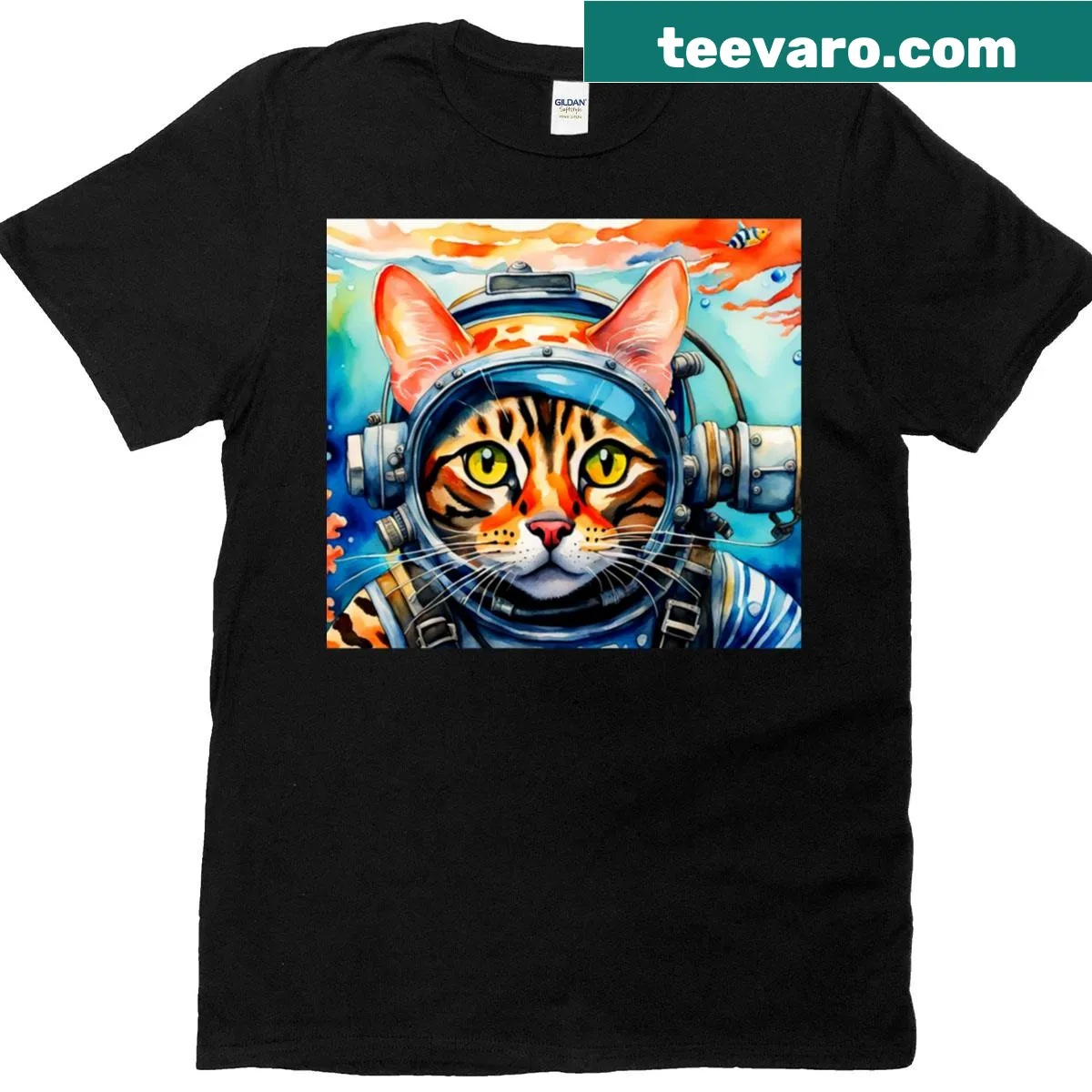 Bengal cat illustration in an underwater scene on a T-shirt — on a men's t-shirt