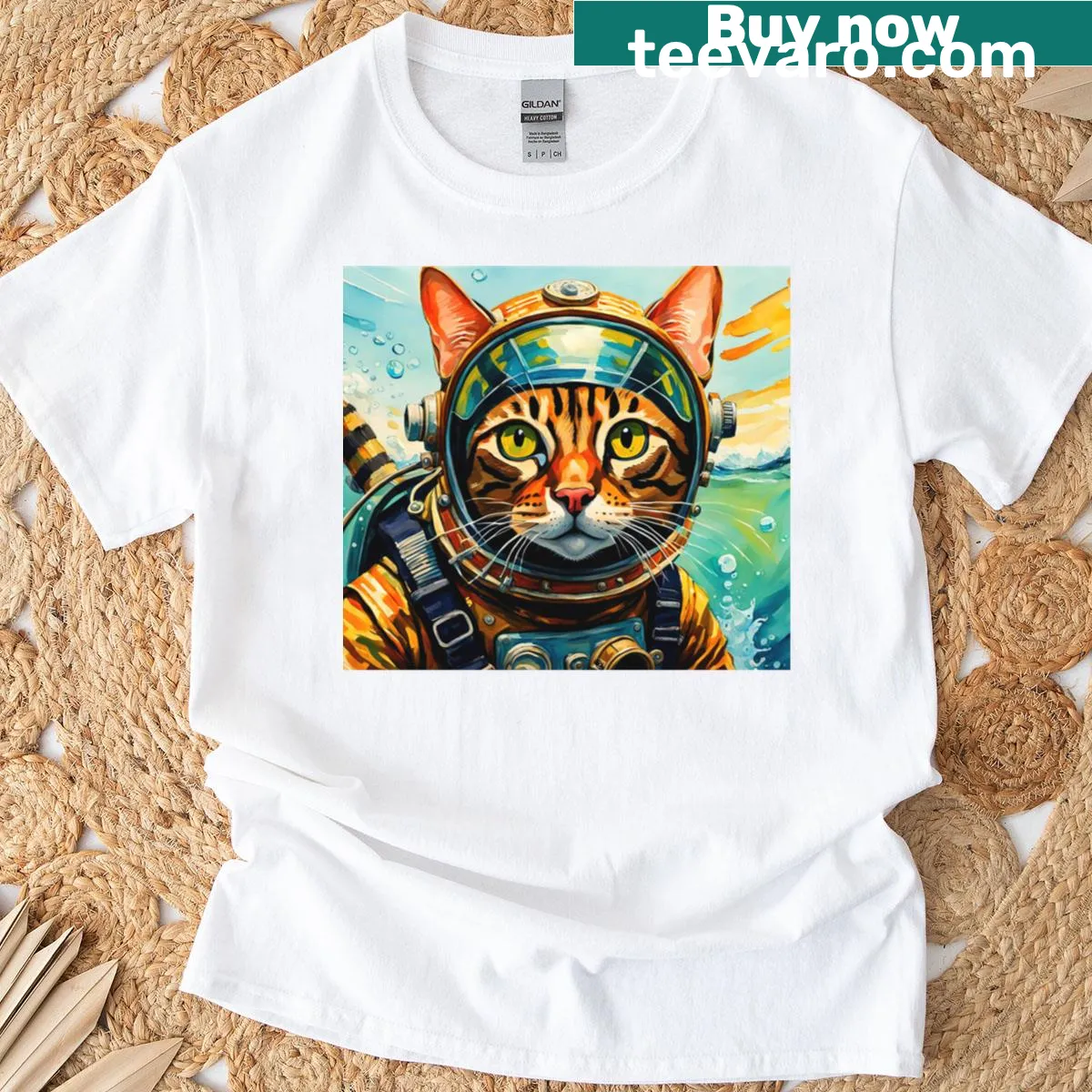 Adorable Bengal cat illustration on underwater-themed T-shirt — on a men's t-shirt