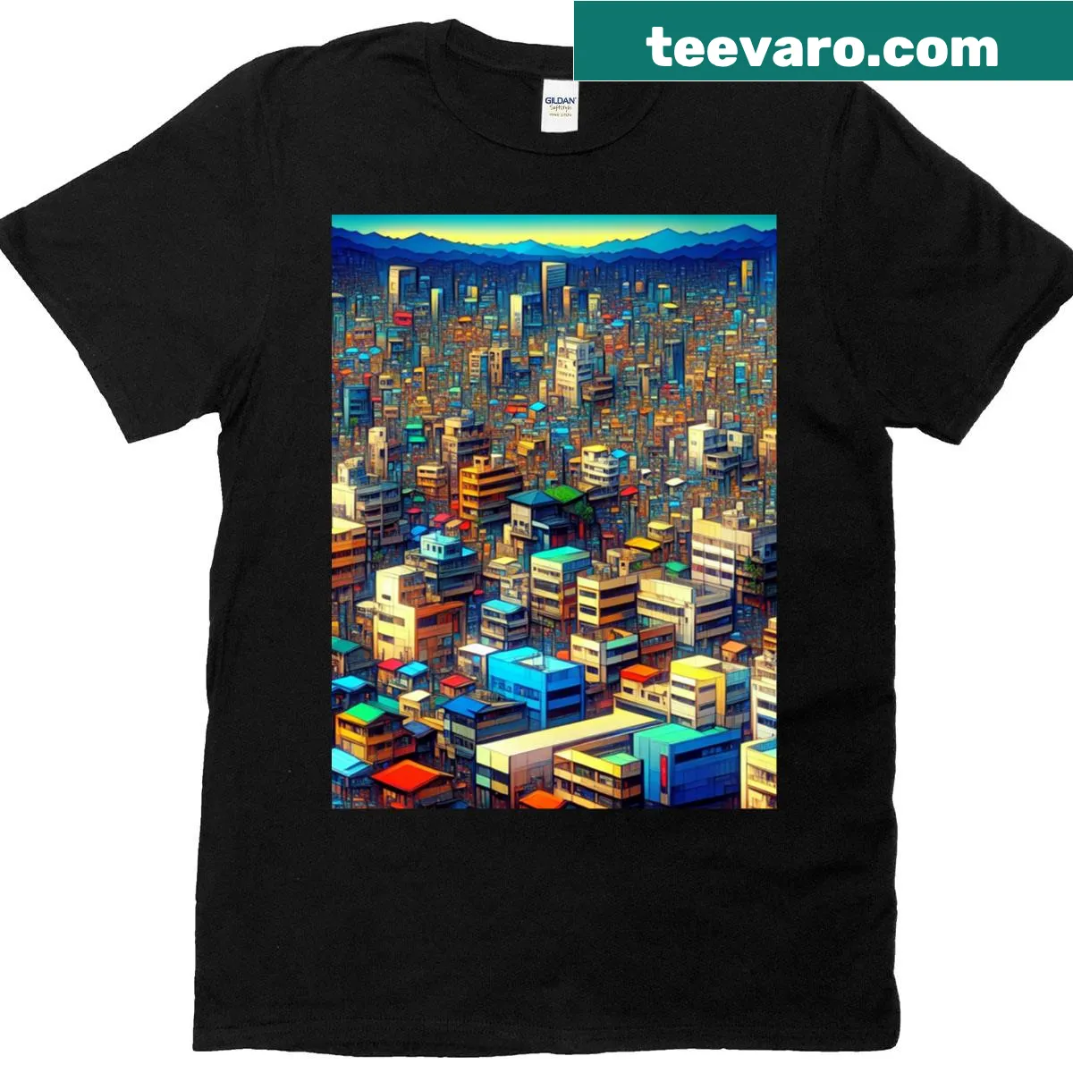 Intricate urban kaleidoscope pattern graphic on t-shirt — on a men's t-shirt