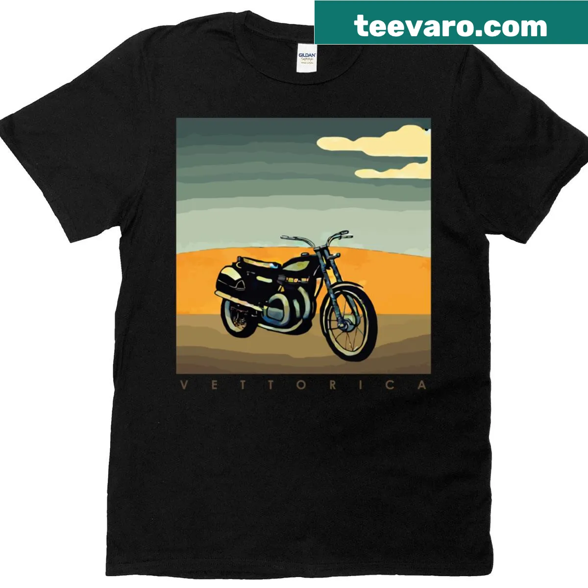 Minimalist silhouette design with 'V E T T O R I C A - N75' text — on a men's t-shirt