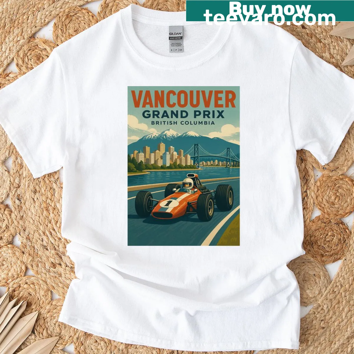 Vintage-style T-shirt with a graphic of a race car for Vancouver Grand Prix. — on a men's t-shirt