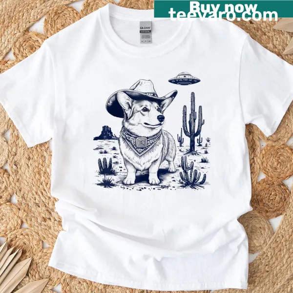 Vintage-style T-shirt featuring a cowboy corgi and UFOs