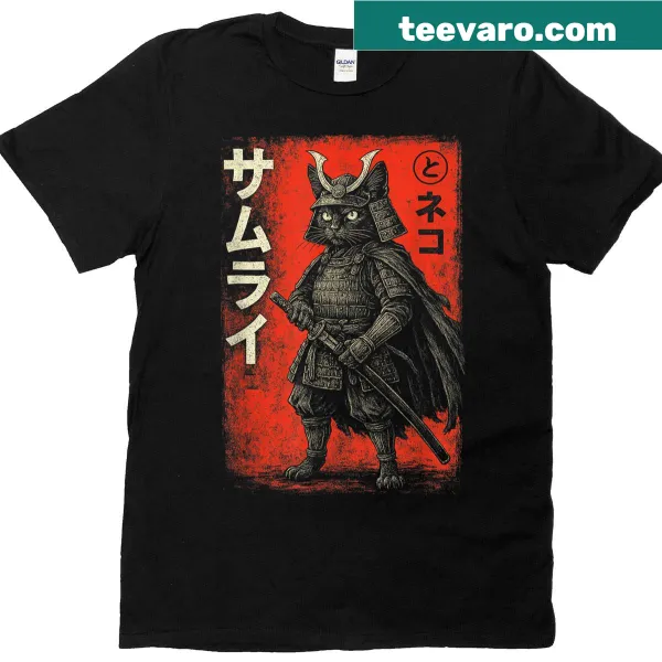 Anime-style cat samurai graphic on a t-shirt
