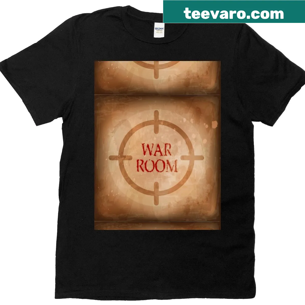 Graphic T-shirt with bold typography centered around 'War Room'. — on a men's t-shirt