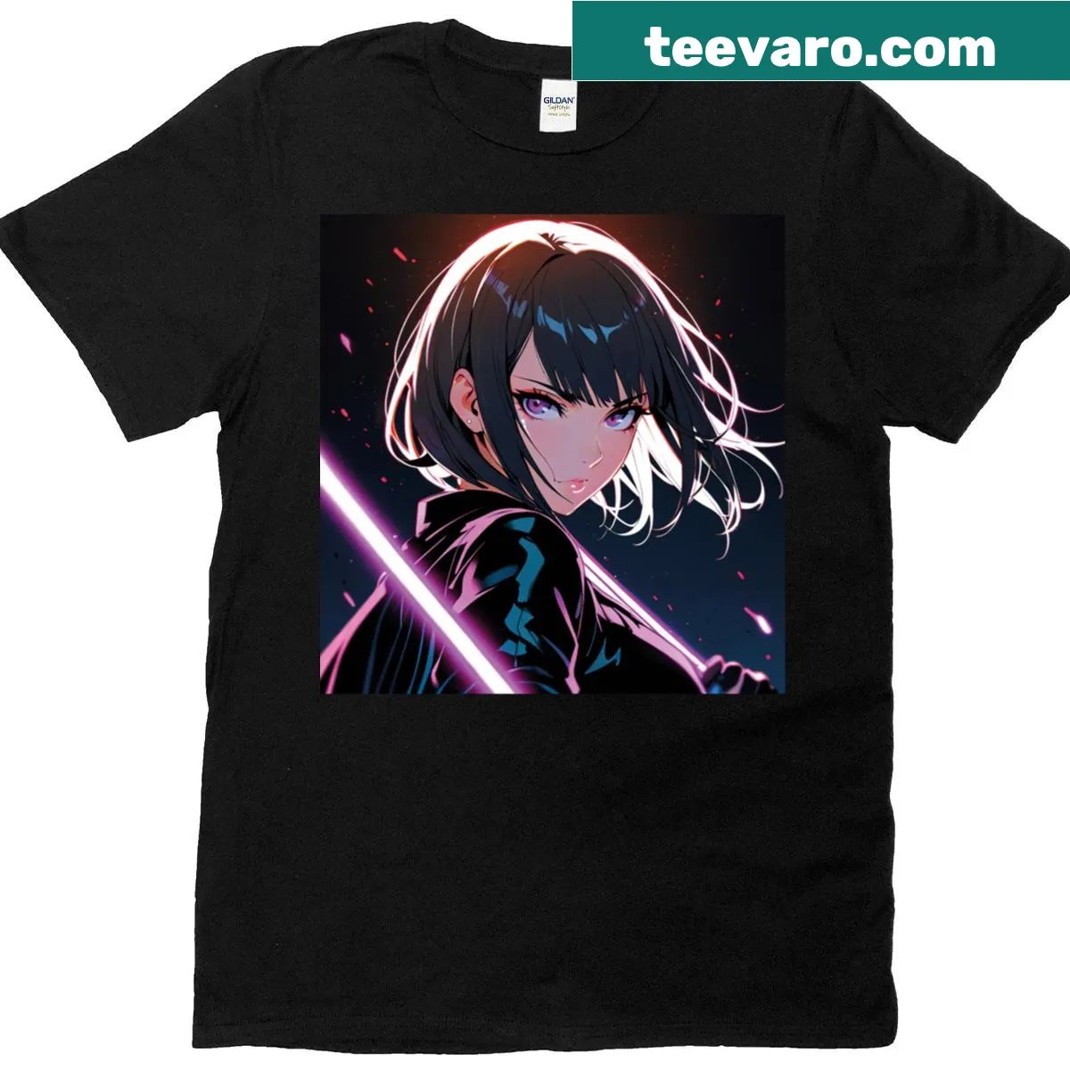 T-shirt featuring a warrior girl with a light saber in dynamic illustration — on a men's t-shirt